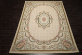 8x11 Ivory, Green, Aqua Color Hand Woven Aubusson Needlepoint Wool Traditional Oriental Rug